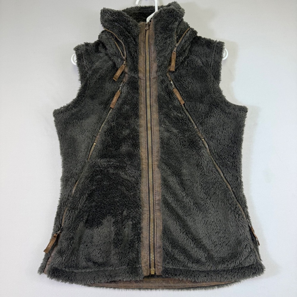 Kuhl Flight Vest Womens M High Pile Forest Green Fleece Full Zip Hooded Hiking